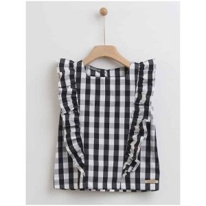 CHECKERED FRILLED T-SHIRT BLACK GEOMETRY-Island Boutique by Elsa Toli